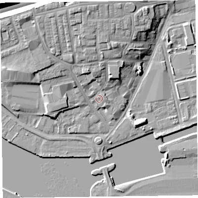 Shaded relief map of the ground around CH447JW, computed from Environment Agency LiDAR. The ground here sits at about 9 m above sea level and falls 16 m across the surrounding 800 m. Surface water reaching this point runs off ground lying to the north, 5.0 m higher.
