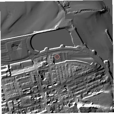 Shaded relief map of the ground around CH452JS, computed from Environment Agency LiDAR. The ground here sits at about 8 m above sea level and falls 39 m across the surrounding 800 m. Surface water reaching this point runs off ground lying to the south, 7.8 m higher.