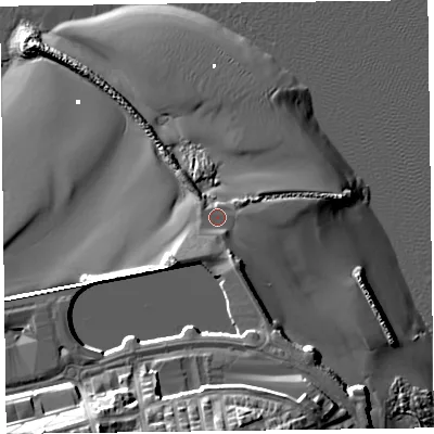 Shaded relief map of the ground around CH452JU, computed from Environment Agency LiDAR. The ground here sits at about 4 m above sea level and falls 19 m across the surrounding 800 m. Surface water reaching this point runs off ground lying to the south-west, 11.6 m higher.