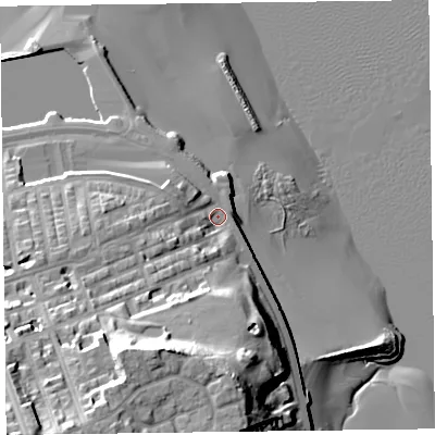 Shaded relief map of the ground around CH452JY, computed from Environment Agency LiDAR. The ground here sits at about 6 m above sea level and falls 39 m across the surrounding 800 m. Surface water reaching this point runs off ground lying to the south-west, 25.8 m higher.