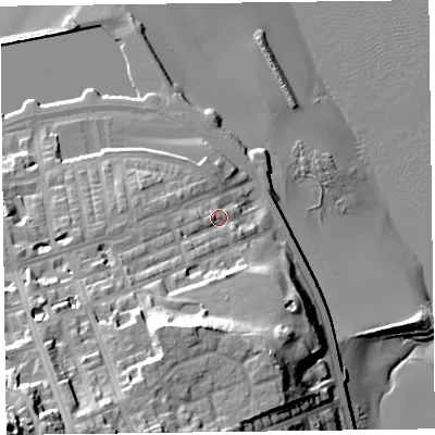 Shaded relief map of the ground around CH452LQ, computed from Environment Agency LiDAR. The ground here sits at about 12 m above sea level and falls 50 m across the surrounding 800 m. Surface water reaching this point runs off ground lying to the south-south-west, 25.0 m higher.