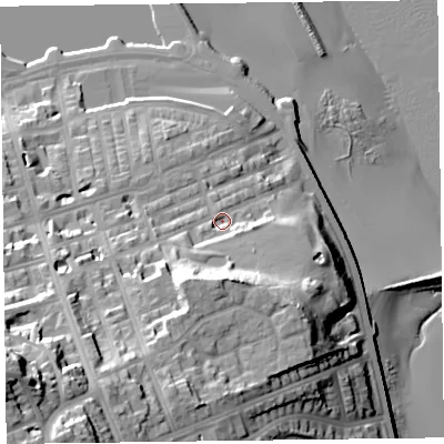 Shaded relief map of the ground around CH452LT, computed from Environment Agency LiDAR. The ground here sits at about 14 m above sea level and falls 52 m across the surrounding 800 m. Surface water reaching this point runs off ground lying to the south-south-west, 15.0 m higher.