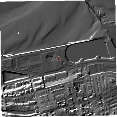 Shaded relief map of the ground around CH452PB, computed from Environment Agency LiDAR. The ground here sits at about 8 m above sea level and falls 41 m across the surrounding 800 m. Surface water reaching this point runs off ground lying to the west-north-west, 1.3 m higher.