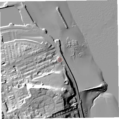 Shaded relief map of the ground around CH452PP, computed from Environment Agency LiDAR. The ground here sits at about 8 m above sea level and falls 42 m across the surrounding 800 m. Surface water reaching this point runs off ground lying to the south-west, 22.0 m higher.