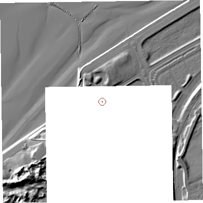Shaded relief map of the ground around CH453PZ, computed from Environment Agency LiDAR. and falls 20 m across the surrounding 800 m.