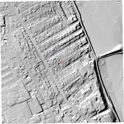 Shaded relief map of the ground around CH457PL, computed from Environment Agency LiDAR. The ground here sits at about 24 m above sea level and falls 44 m across the surrounding 800 m. Surface water reaching this point runs off ground lying to the north-west, 9.7 m higher.