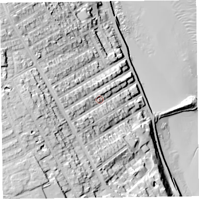 Shaded relief map of the ground around CH457PP, computed from Environment Agency LiDAR. The ground here sits at about 22 m above sea level and falls 44 m across the surrounding 800 m. Surface water reaching this point runs off ground lying to the west-south-west, 12.2 m higher.