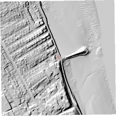 Shaded relief map of the ground around CH457PZ, computed from Environment Agency LiDAR. The ground here sits at about 8 m above sea level and falls 43 m across the surrounding 800 m. Surface water reaching this point runs off ground lying to the west-south-west, 28.6 m higher.
