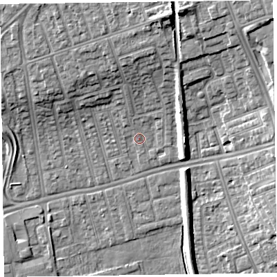 Shaded relief map of the ground around CH458LF, computed from Environment Agency LiDAR. The ground here sits at about 5 m above sea level and falls 12 m across the surrounding 800 m. Surface water reaching this point runs off ground lying to the north-north-west, 3.0 m higher.