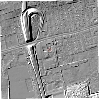 Shaded relief map of the ground around CH458LL, computed from Environment Agency LiDAR. The ground here sits at about 5 m above sea level and falls 14 m across the surrounding 800 m. Surface water reaching this point runs off ground lying to the south-south-west, 1.2 m higher.