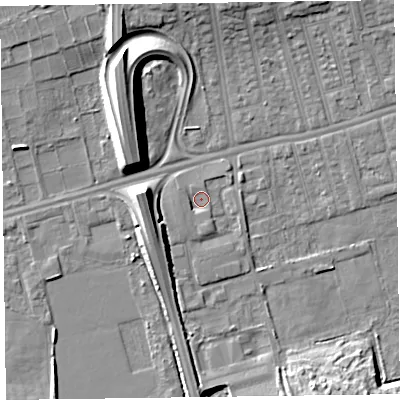 Shaded relief map of the ground around CH458LN, computed from Environment Agency LiDAR. The ground here sits at about 5 m above sea level and falls 13 m across the surrounding 800 m. Surface water reaching this point runs off ground lying to the south-south-east, 1.2 m higher.