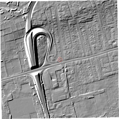 Shaded relief map of the ground around CH458LP, computed from Environment Agency LiDAR. The ground here sits at about 5 m above sea level and falls 12 m across the surrounding 800 m. Surface water reaching this point runs off ground lying to the west-north-west, 10.7 m higher.