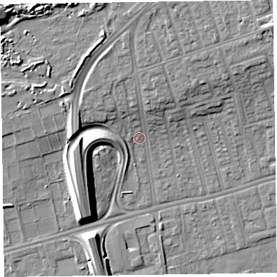Shaded relief map of the ground around CH458LR, computed from Environment Agency LiDAR. The ground here sits at about 6 m above sea level and falls 12 m across the surrounding 800 m. Surface water reaching this point runs off ground lying to the north-east, 6.6 m higher.