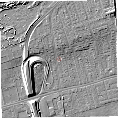 Shaded relief map of the ground around CH458LS, computed from Environment Agency LiDAR. The ground here sits at about 6 m above sea level and falls 12 m across the surrounding 800 m. Surface water reaching this point runs off ground lying to the north, 4.2 m higher.