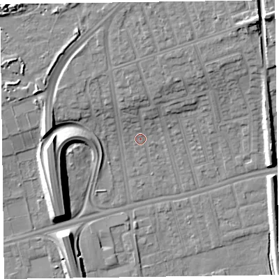Shaded relief map of the ground around CH458LT, computed from Environment Agency LiDAR. The ground here sits at about 5 m above sea level and falls 12 m across the surrounding 800 m. Surface water reaching this point runs off ground lying to the north-east, 7.3 m higher.
