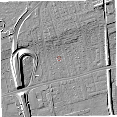 Shaded relief map of the ground around CH458LU, computed from Environment Agency LiDAR. The ground here sits at about 5 m above sea level and falls 12 m across the surrounding 800 m. Surface water reaching this point runs off ground lying to the north-east, 7.5 m higher.