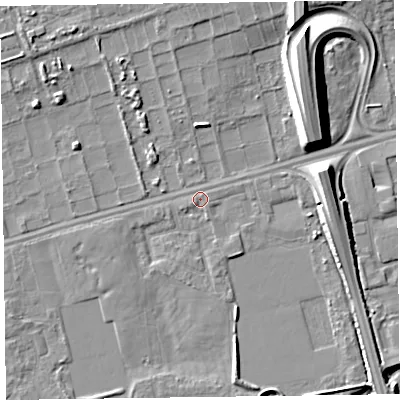 Shaded relief map of the ground around CH458LW, computed from Environment Agency LiDAR. The ground here sits at about 5 m above sea level and falls 14 m across the surrounding 800 m. Surface water reaching this point runs off ground lying to the west-south-west, 0.6 m higher.