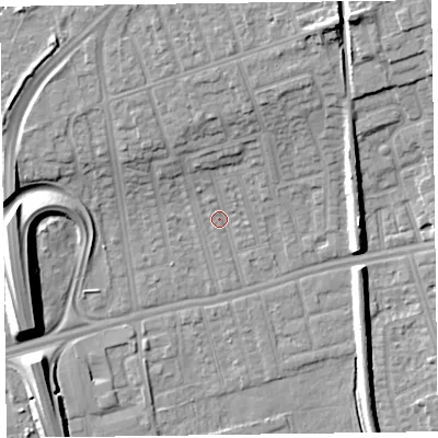 Shaded relief map of the ground around CH458NN, computed from Environment Agency LiDAR. The ground here sits at about 5 m above sea level and falls 12 m across the surrounding 800 m. Surface water reaching this point runs off ground lying to the north-north-west, 5.0 m higher.