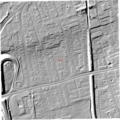 Shaded relief map of the ground around CH458NP, computed from Environment Agency LiDAR. The ground here sits at about 5 m above sea level and falls 12 m across the surrounding 800 m. Surface water reaching this point runs off ground lying to the north-north-east, 8.2 m higher.