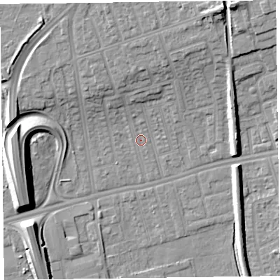 Shaded relief map of the ground around CH458NQ, computed from Environment Agency LiDAR. The ground here sits at about 5 m above sea level and falls 12 m across the surrounding 800 m. Surface water reaching this point runs off ground lying to the north, 5.0 m higher.