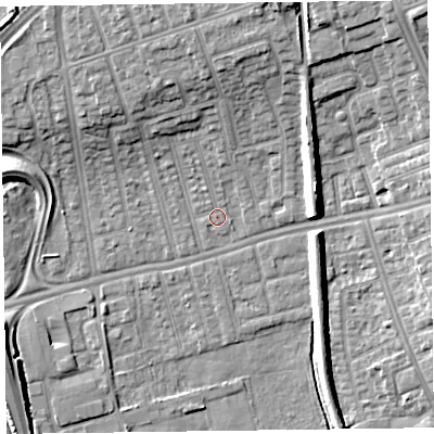 Shaded relief map of the ground around CH458NR, computed from Environment Agency LiDAR. The ground here sits at about 5 m above sea level and falls 10 m across the surrounding 800 m. Surface water reaching this point runs off ground lying to the north-north-east, 8.2 m higher.