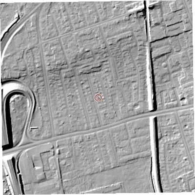 Shaded relief map of the ground around CH458NW, computed from Environment Agency LiDAR. The ground here sits at about 5 m above sea level and falls 12 m across the surrounding 800 m. Surface water reaching this point runs off ground lying to the north-north-west, 3.3 m higher.