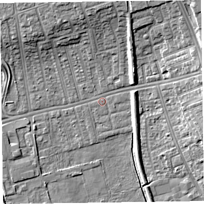 Shaded relief map of the ground around CH458NZ, computed from Environment Agency LiDAR. The ground here sits at about 5 m above sea level and falls 10 m across the surrounding 800 m. Surface water reaching this point runs off ground lying to the north-east, 8.3 m higher.