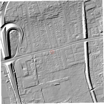 Shaded relief map of the ground around CH458PA, computed from Environment Agency LiDAR. The ground here sits at about 5 m above sea level and falls 13 m across the surrounding 800 m. Surface water reaching this point runs off ground lying to the west, 11.1 m higher.