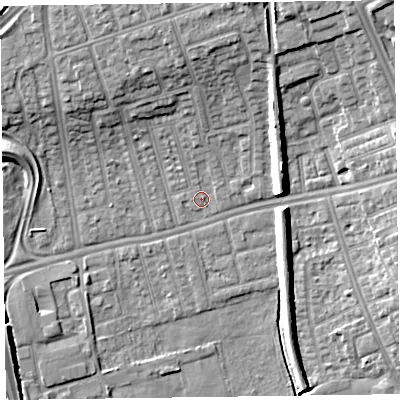 Shaded relief map of the ground around CH458PD, computed from Environment Agency LiDAR. The ground here sits at about 5 m above sea level and falls 11 m across the surrounding 800 m. Surface water reaching this point runs off ground lying to the north-east, 7.9 m higher.