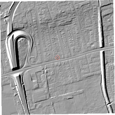 Shaded relief map of the ground around CH458PH, computed from Environment Agency LiDAR. The ground here sits at about 5 m above sea level and falls 13 m across the surrounding 800 m. Surface water reaching this point runs off ground lying to the east-north-east, 6.8 m higher.