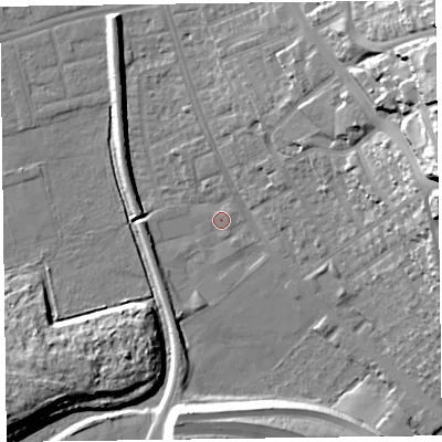 Shaded relief map of the ground around CH458PJ, computed from Environment Agency LiDAR. The ground here sits at about 5 m above sea level and falls 33 m across the surrounding 800 m. Surface water reaching this point runs off ground lying to the north-east, 1.1 m higher.