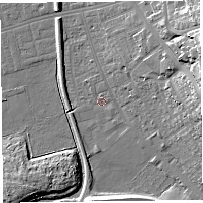 Shaded relief map of the ground around CH458PP, computed from Environment Agency LiDAR. The ground here sits at about 5 m above sea level and falls 31 m across the surrounding 800 m. Surface water reaching this point runs off ground lying to the east, 22.2 m higher.