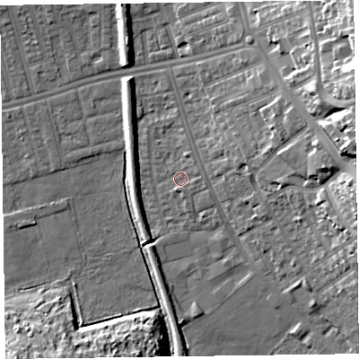 Shaded relief map of the ground around CH458PR, computed from Environment Agency LiDAR. The ground here sits at about 5 m above sea level and falls 23 m across the surrounding 800 m. Surface water reaching this point runs off ground lying to the east, 1.7 m higher.