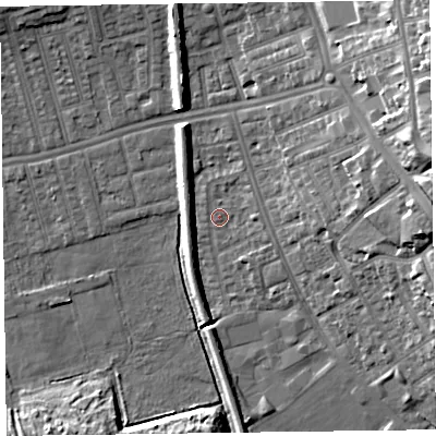 Shaded relief map of the ground around CH458PS, computed from Environment Agency LiDAR. The ground here sits at about 5 m above sea level and falls 19 m across the surrounding 800 m. Surface water reaching this point runs off ground lying to the east, 1.7 m higher.
