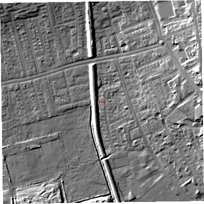 Shaded relief map of the ground around CH458PT, computed from Environment Agency LiDAR. The ground here sits at about 5 m above sea level and falls 18 m across the surrounding 800 m. Surface water reaching this point runs off ground lying to the north-north-west, 6.3 m higher.