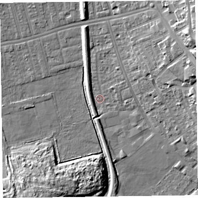 Shaded relief map of the ground around CH458PU, computed from Environment Agency LiDAR. The ground here sits at about 5 m above sea level and falls 18 m across the surrounding 800 m. Surface water reaching this point runs off ground lying to the east-north-east, 14.1 m higher.