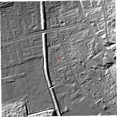 Shaded relief map of the ground around CH458PX, computed from Environment Agency LiDAR. The ground here sits at about 5 m above sea level and falls 22 m across the surrounding 800 m. Surface water reaching this point runs off ground lying to the east, 1.8 m higher.