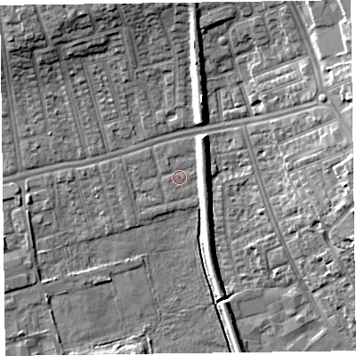 Shaded relief map of the ground around CH458QA, computed from Environment Agency LiDAR. The ground here sits at about 5 m above sea level and falls 12 m across the surrounding 800 m. Surface water reaching this point runs off ground lying to the north-north-east, 5.9 m higher.