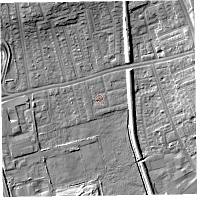 Shaded relief map of the ground around CH458QB, computed from Environment Agency LiDAR. The ground here sits at about 5 m above sea level and falls 9 m across the surrounding 800 m. Surface water reaching this point runs off ground lying to the north-north-west, 0.7 m higher.