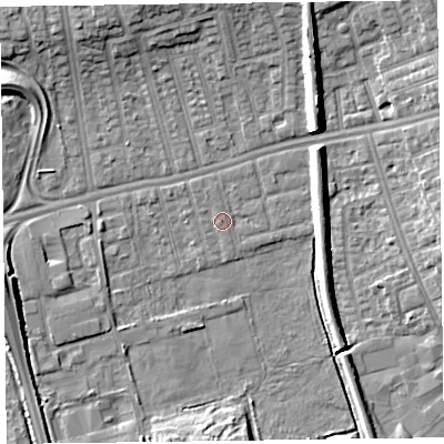 Shaded relief map of the ground around CH458QD, computed from Environment Agency LiDAR. The ground here sits at about 5 m above sea level and falls 9 m across the surrounding 800 m. Surface water reaching this point runs off ground lying to the north-north-east, 0.7 m higher.