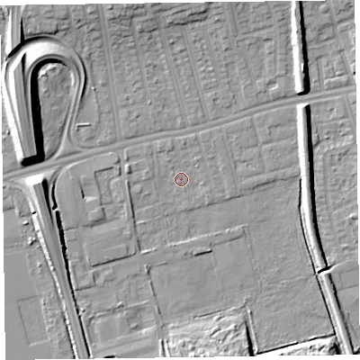 Shaded relief map of the ground around CH458QF, computed from Environment Agency LiDAR. The ground here sits at about 4 m above sea level and falls 13 m across the surrounding 800 m. Surface water reaching this point runs off ground lying to the north-north-west, 1.1 m higher.