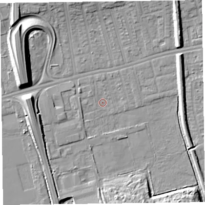 Shaded relief map of the ground around CH458QG, computed from Environment Agency LiDAR. The ground here sits at about 4 m above sea level and falls 14 m across the surrounding 800 m. Surface water reaching this point runs off ground lying to the north, 1.1 m higher.