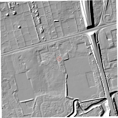 Shaded relief map of the ground around CH458QL, computed from Environment Agency LiDAR. The ground here sits at about 5 m above sea level and falls 14 m across the surrounding 800 m. Surface water reaching this point runs off ground lying to the north, 1.0 m higher.