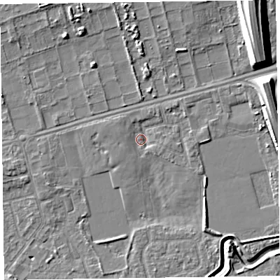 Shaded relief map of the ground around CH458QN, computed from Environment Agency LiDAR. The ground here sits at about 5 m above sea level and falls 14 m across the surrounding 800 m. Surface water reaching this point runs off ground lying to the north-east, 1.6 m higher.