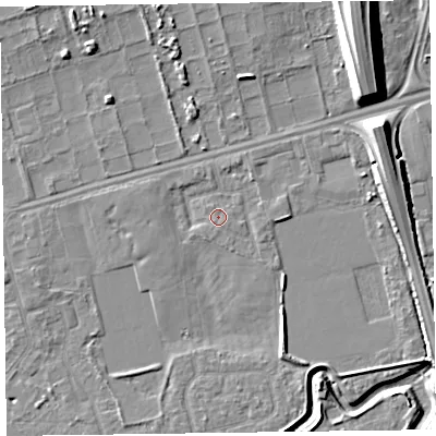 Shaded relief map of the ground around CH458QW, computed from Environment Agency LiDAR. The ground here sits at about 5 m above sea level and falls 14 m across the surrounding 800 m. The ground contributing surface water to this point lies to the south-east.