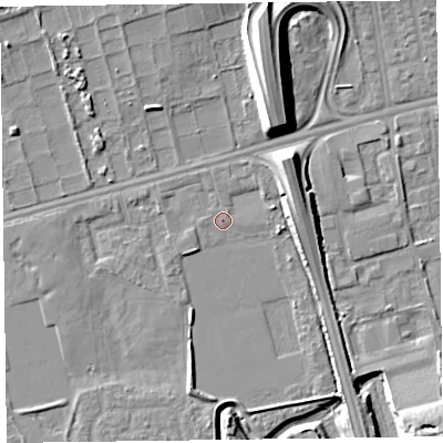 Shaded relief map of the ground around CH458RE, computed from Environment Agency LiDAR. The ground here sits at about 5 m above sea level and falls 14 m across the surrounding 800 m. Surface water reaching this point runs off ground lying to the north-east, 0.6 m higher.