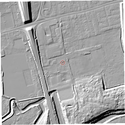 Shaded relief map of the ground around CH458RH, computed from Environment Agency LiDAR. The ground here sits at about 4 m above sea level and falls 14 m across the surrounding 800 m. Surface water reaching this point runs off ground lying to the south-south-east, 9.1 m higher.