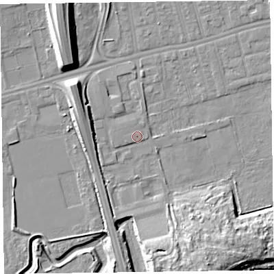 Shaded relief map of the ground around CH458RQ, computed from Environment Agency LiDAR. The ground here sits at about 5 m above sea level and falls 14 m across the surrounding 800 m. Surface water reaching this point runs off ground lying to the west-north-west, 4.3 m higher.