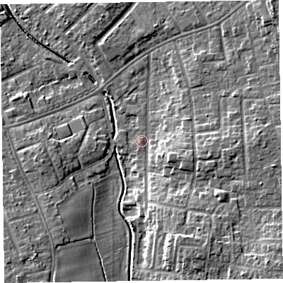 Shaded relief map of the ground around CH460RS, computed from Environment Agency LiDAR. The ground here sits at about 9 m above sea level and falls 12 m across the surrounding 800 m. Surface water reaching this point runs off ground lying to the south-east, 8.0 m higher.