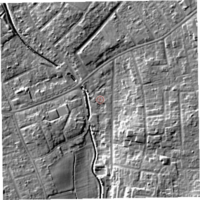 Shaded relief map of the ground around CH460RT, computed from Environment Agency LiDAR. The ground here sits at about 8 m above sea level and falls 11 m across the surrounding 800 m. Surface water reaching this point runs off ground lying to the south-south-east, 1.2 m higher.